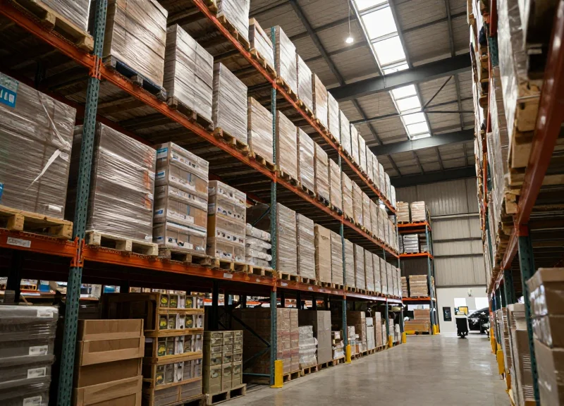 A busy modern warehouse fulfillment center with high shelving and workers in the background