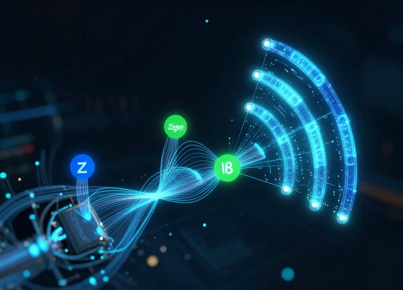 Abstract visualization of Zigbee and BLE data signals connecting wireless nodes in a network.