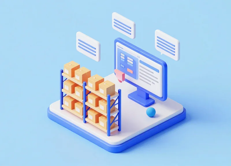 Isometric view of a retail shelf synchronizing data with a warehouse management system server.