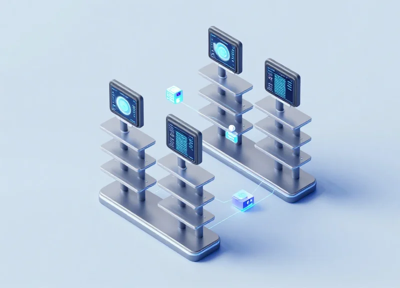 An isometric 3D view of a modular electronic shelf label system on futuristic retail racks with glowing data connection lines.