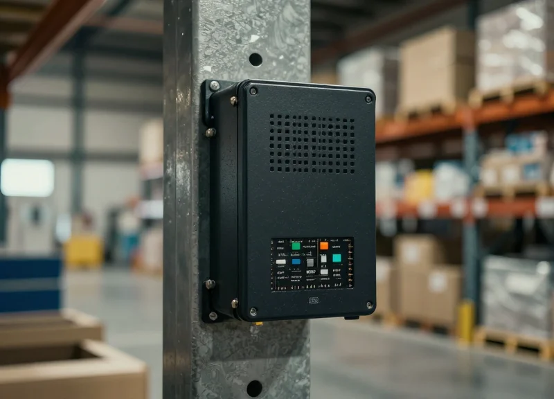 A rugged electronic shelf label mounted on a metal warehouse pillar with a blurred industrial background.