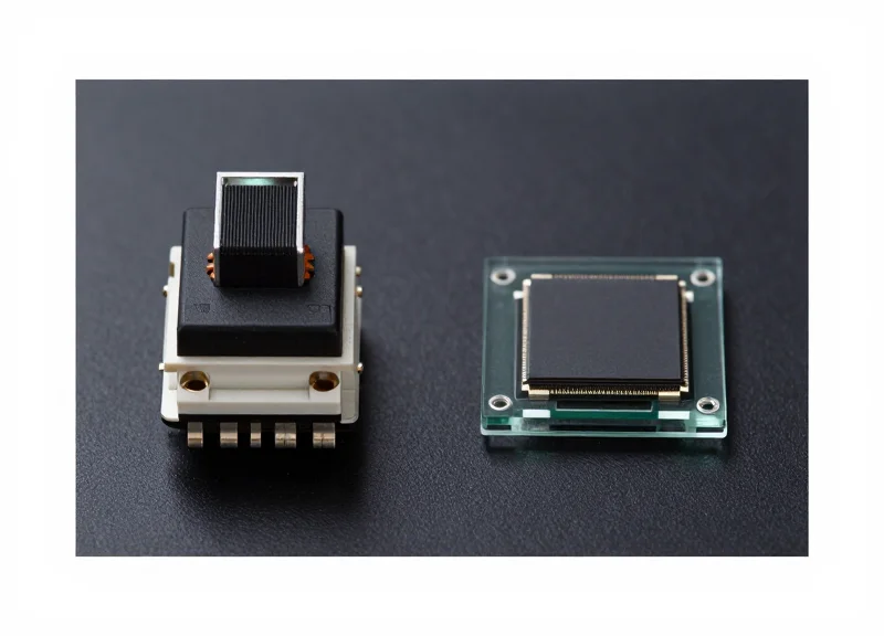 A side-by-side comparison of a mechanical tactile switch and a flat capacitive touch sensor under studio lighting.
