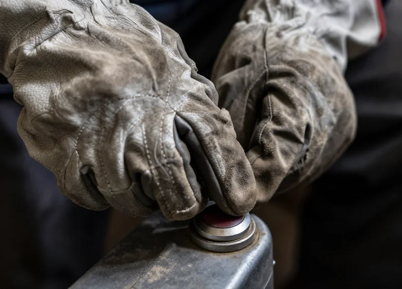 A hand in a heavy industrial work glove pressing a physical button on a device covered in dust and grime.