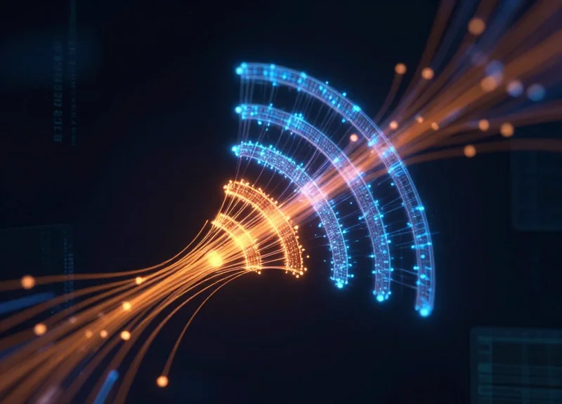 Abstract digital visualization of RFID signals and data streams connecting retail devices in a dark industrial space.