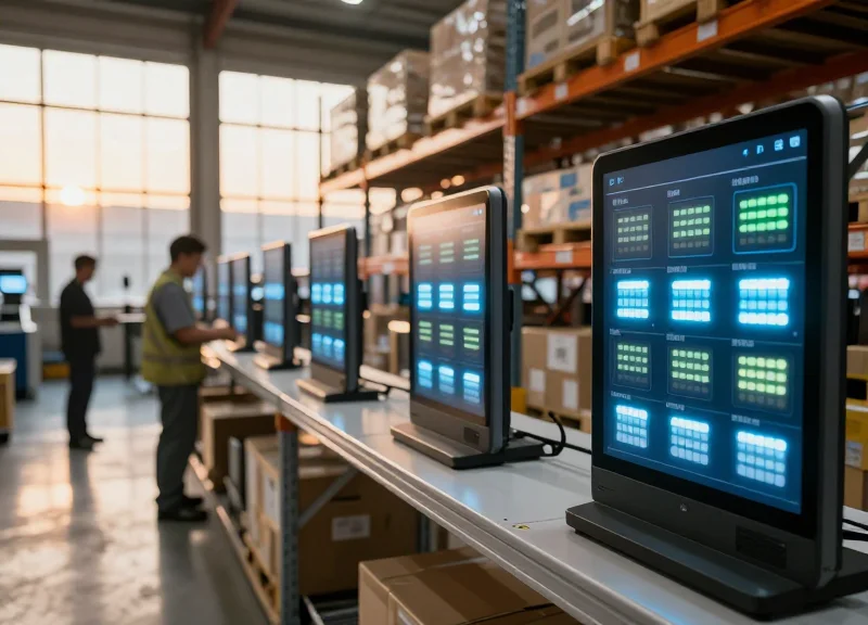 Modern warehouse worker using a handheld scanner near shelves equipped with electronic shelf labels with glowing LED indicators.
