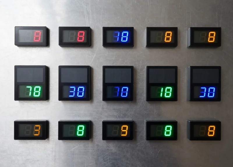 A collection of various ESL labels with different colored LED lights arranged neatly on a grey industrial surface.
