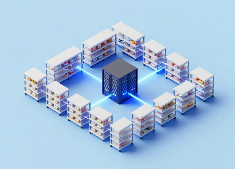 3D isometric model of a warehouse management system connecting to rows of electronic shelf labels via glowing data lines.