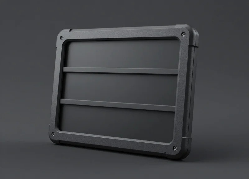 Side profile of a rugged, industrial-grade electronic shelf label showing its durable construction.