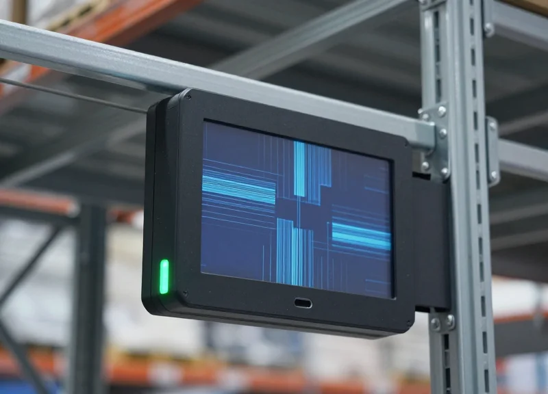 A close-up photorealistic shot of an electronic shelf label with a bright glowing green LED light on a warehouse rack, with a blurred high-tech logistics center in the background.
