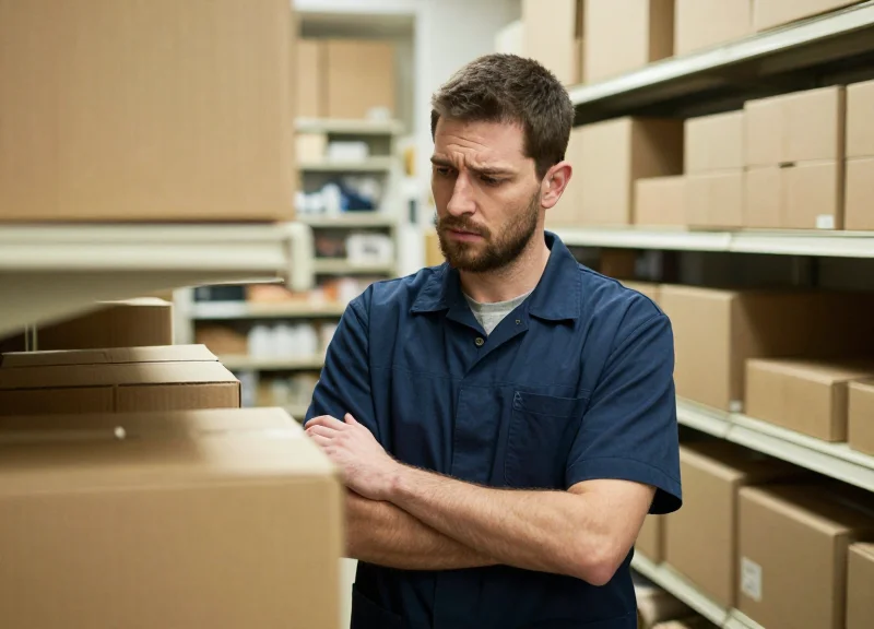 A frustrated warehouse worker searching through a cluttered shelf of boutique items, cinematic lighting.