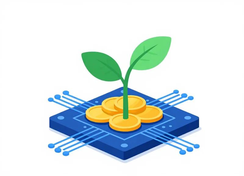 Flat vector illustration of a gold coin tree growing from a digital circuit board representing ROI.