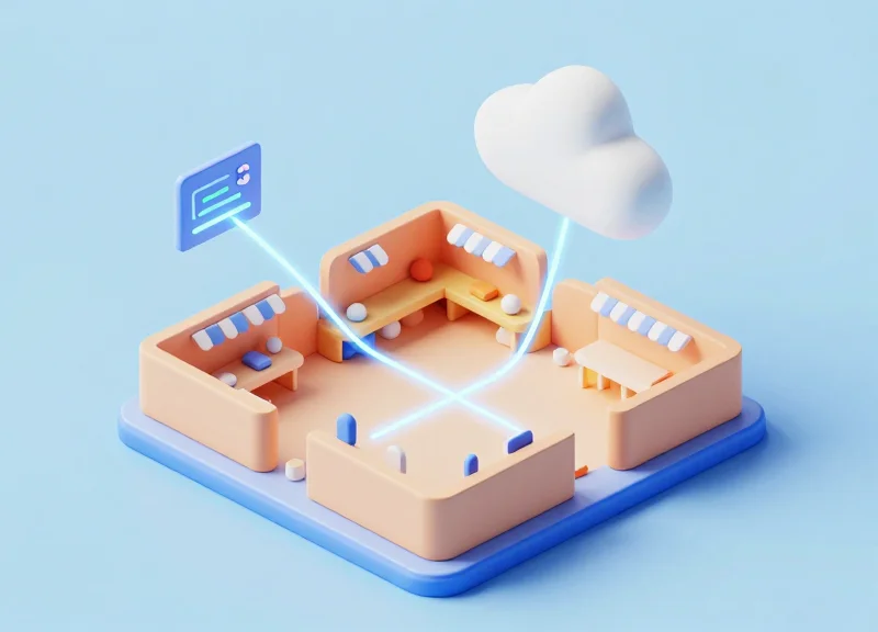 Isometric 3D model showing a retail store connected to cloud server icons via glowing data lines.