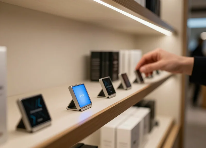 A close-up of a modern, high-end retail shelf with electronic labels emitting a soft blue LED glow, with a hand reaching for a product in a blurred background.