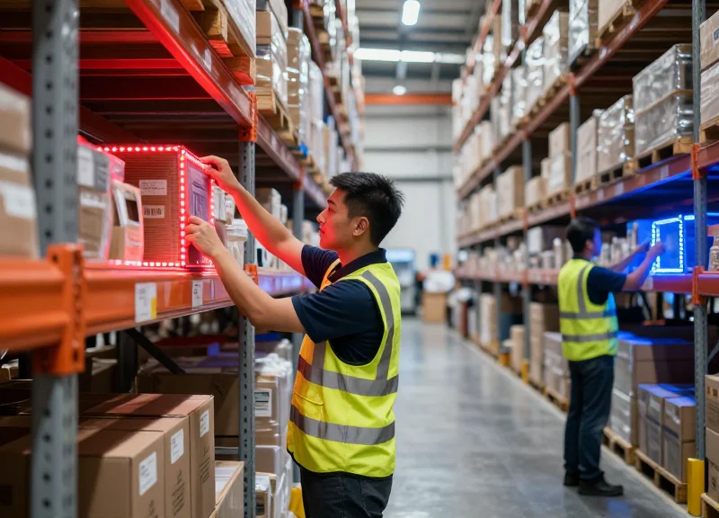 Two warehouse pickers working in the same aisle, one picking from a red-light shelf and another from a blue-light shelf.