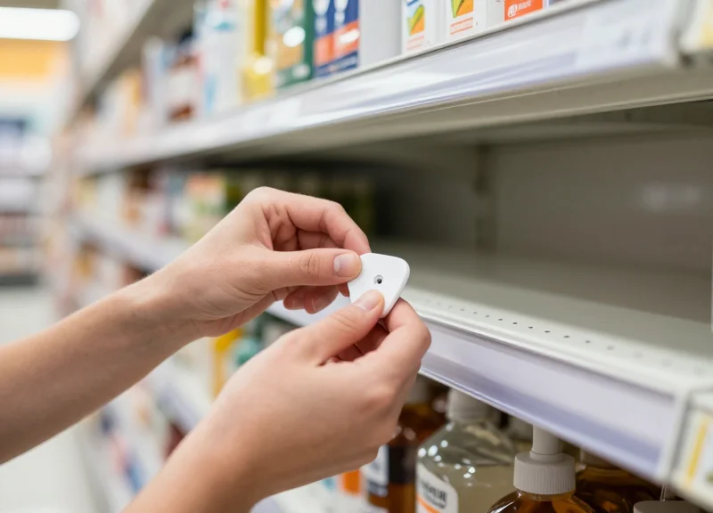 A retail worker quickly snapping a wireless electronic shelf label onto a store shelf rail.