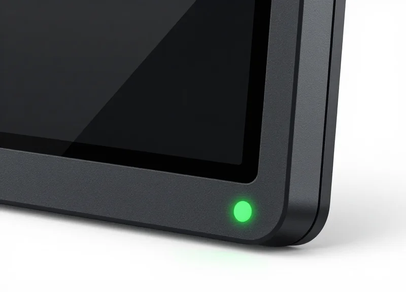 Macro shot of a high-tech electronic shelf label with a vibrant multi-color LED light at the corner.