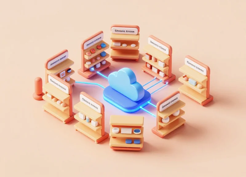 Isometric 3D view of a retail IoT network with electronic shelf labels acting as central data hubs.