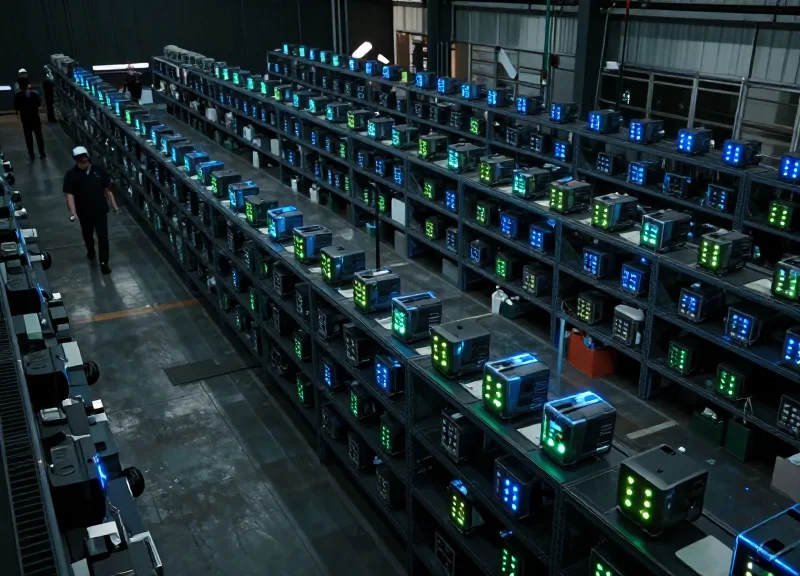 A modern dark store warehouse with staff using glowing LED labels to pick orders efficiently.