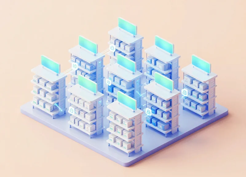 An isometric 3D illustration of a modern retail warehouse shelf system featuring glowing electronic labels and smart modules in a clean, futuristic environment.