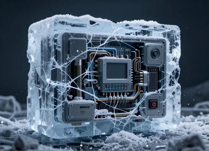 Surreal illustration of a digital device trapped in a block of ice symbolizing failure in cold environments.