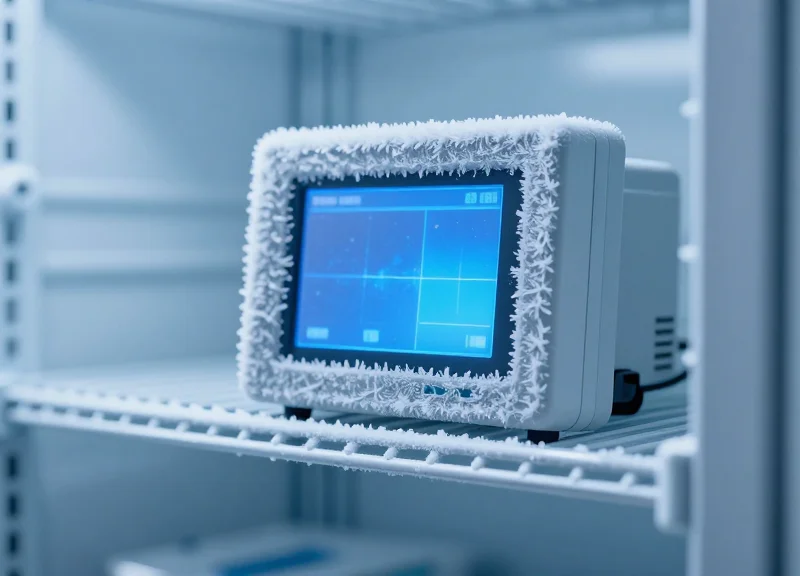 An electronic shelf label mounted on a metallic freezer rack covered in frost and ice crystals to demonstrate cold resistance.