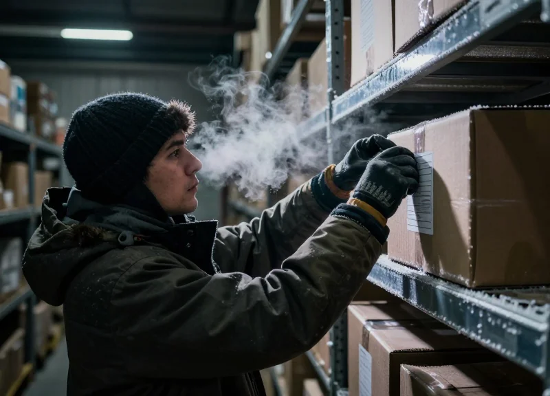 A warehouse worker in thick winter gear struggling with paper labels in a freezing industrial cold storage facility with visible frost.
