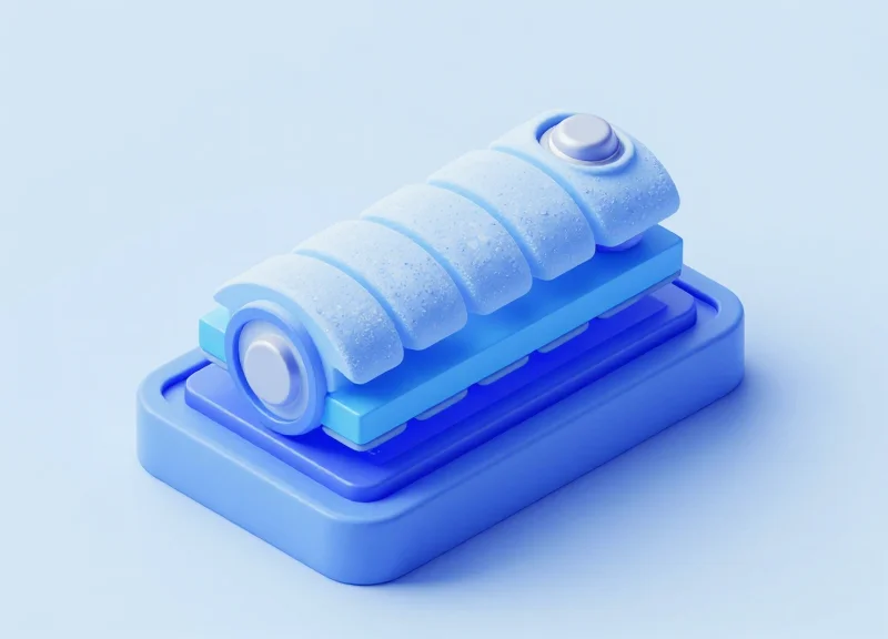 An isometric 3D model of a sub-zero battery cell showing its internal cooling-resistant structure.