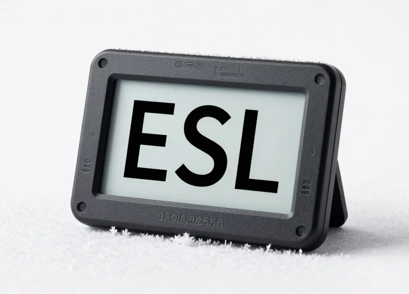 Industrial electronic shelf label designed for extreme sub-zero temperatures, presented on a frost-covered surface.