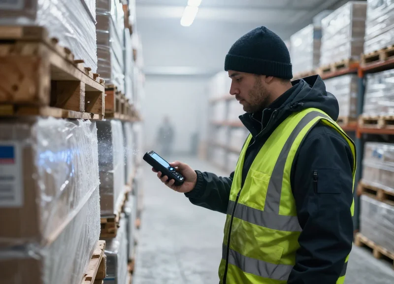 Warehouse worker in thermal gear using a digital tablet for inventory management in a misty cold storage facility.