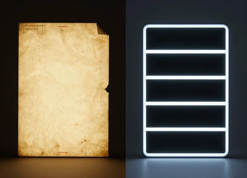 Side-by-side comparison of a damaged paper label and a high-tech digital shelf label.