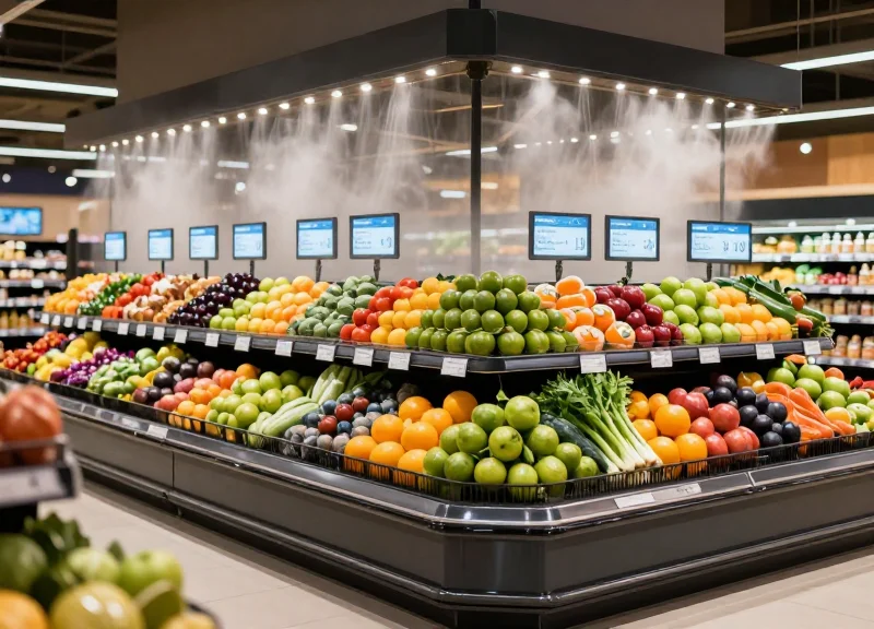 Wide view of a premium supermarket produce section with misting systems and waterproof electronic shelf labels.