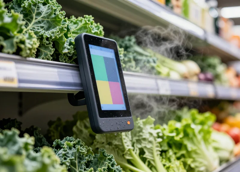 A sleek electronic shelf label in a grocery store produce section, covered in fine water droplets from an active misting system, surrounded by fresh wet kale and lettuce.