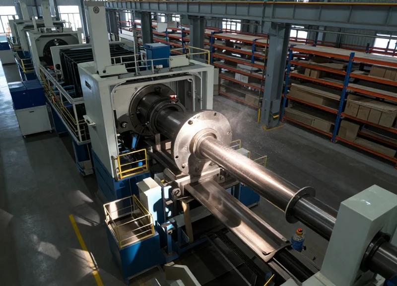 A modern manufacturing factory with fine dust particles in the air, industrial machinery and conveyor belts under dramatic cinematic lighting.