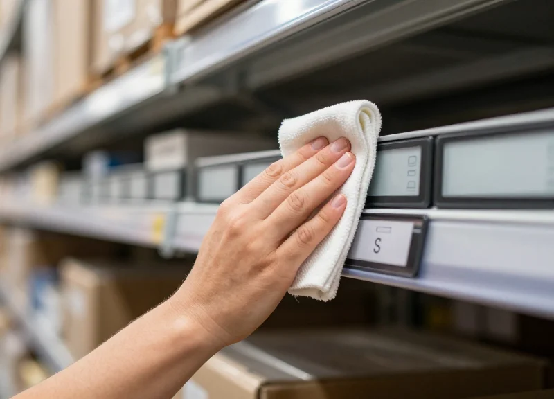 A maintenance technician in a factory setting easily wiping a clean electronic label on a dusty shelf.