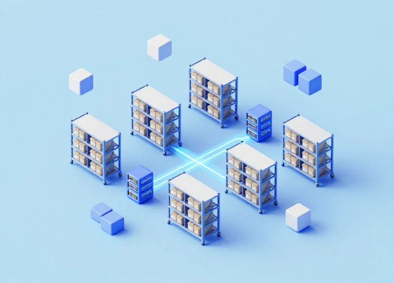Isometric 3D view of a warehouse management system showing connected servers and inventory racks.