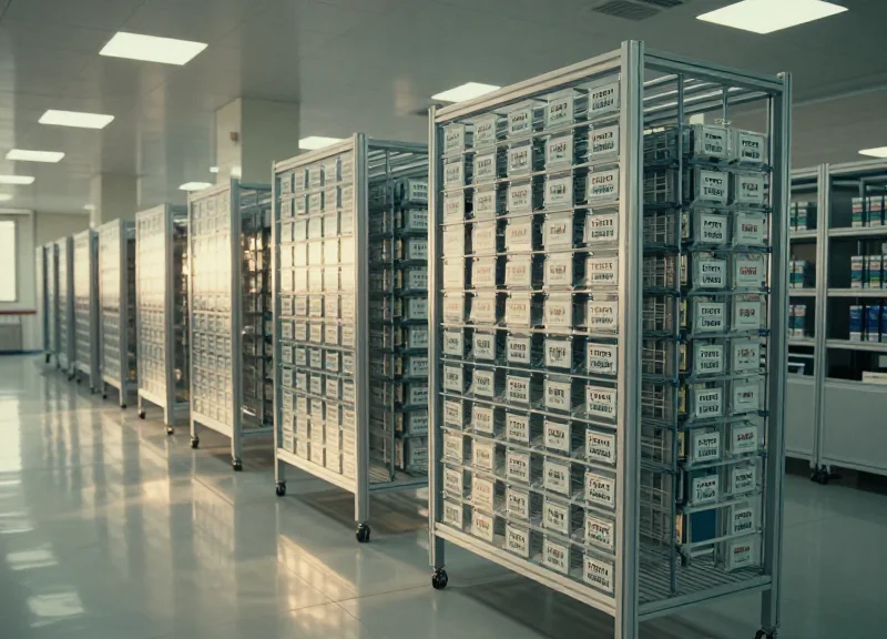 A wide, clean shot of a successful modern factory floor with rows of electronic shelf labels installed on organized racks.