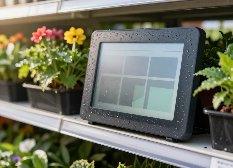 A close-up of a clear electronic shelf label mounted in an outdoor garden center with lush plants, featuring water droplets on the sealed casing and a fog-free display.