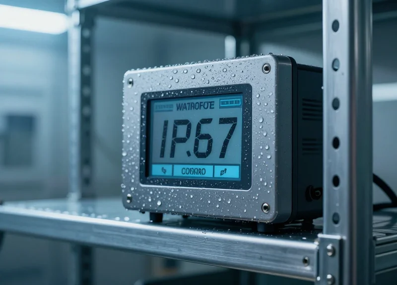 A rugged electronic shelf label device mounted on a metal industrial shelf, featuring visible water droplets and frost crystals on its surface in a misty warehouse setting.