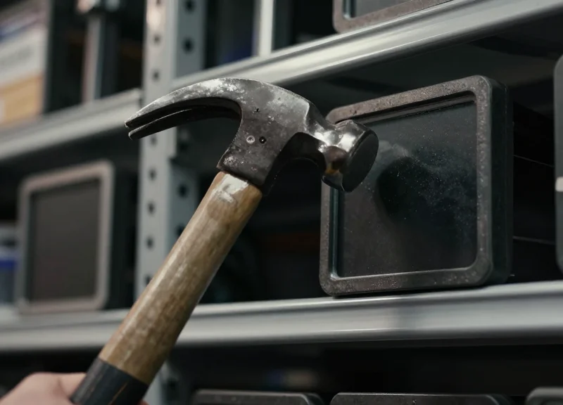 A close-up photorealistic shot of an industrial tag undergoing an impact test in a hardware environment.