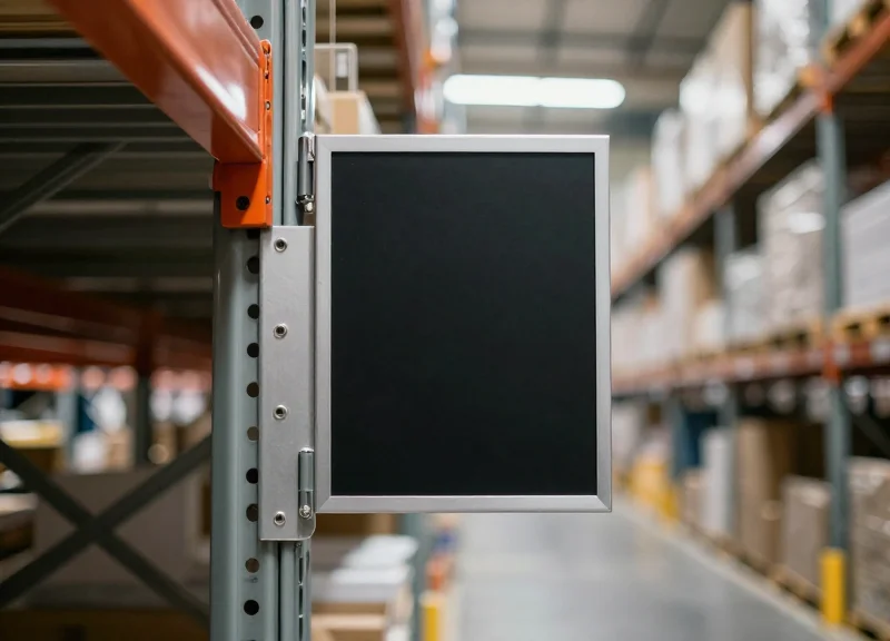 Close-up of a secure mounting solution for ESL tags in a busy hardware store aisle.