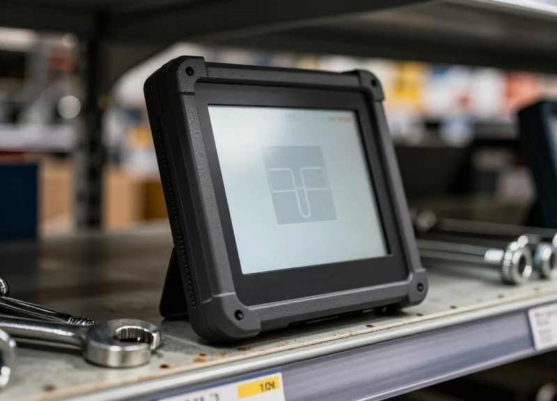 A rugged industrial electronic shelf label with a reinforced frame mounted on a heavy metal shelf in a hardware warehouse environment.