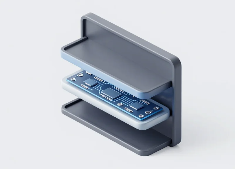 An isometric 3D exploded view of a durable electronic shelf label showing its internal shock-absorbing layers and protective casing.