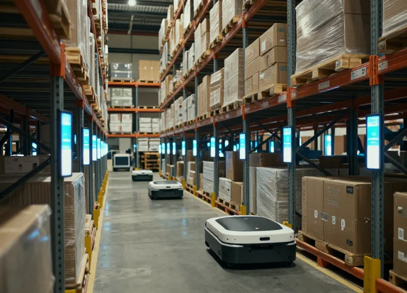 A high-tech autonomous warehouse with automated robots and digital shelf labels under cinematic lighting