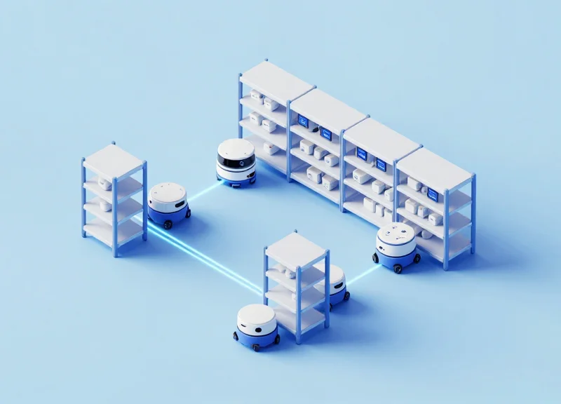 Isometric view of a smart warehouse with AMRs interacting with digital shelf infrastructure