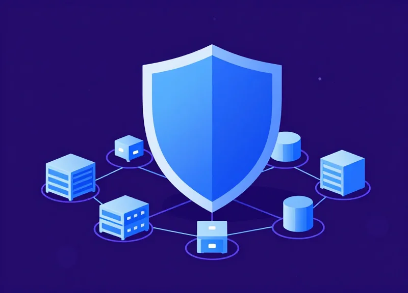 A conceptual illustration representing IoT security with a digital shield over a network of nodes