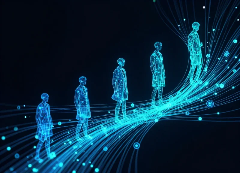 Abstract digital healthcare data visualization with glowing blue nodes and medical icons