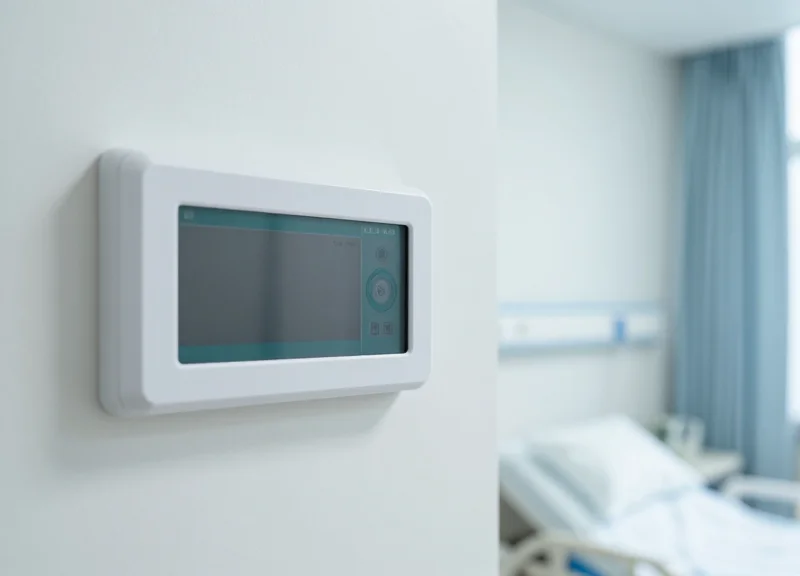 An electronic shelf label mounted on a hospital wall showing clear abstract medical symbols