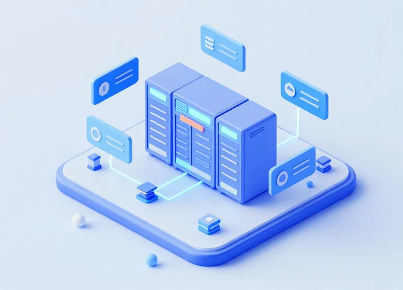 Isometric 3D model showing the connection between digital labels and a hospital server system