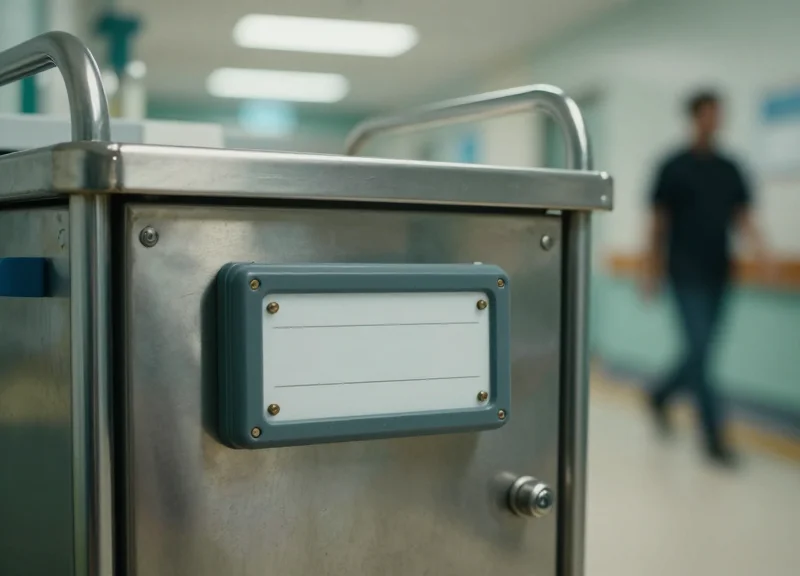 A durable electronic label mounted on a medical cart in a busy hospital hallway