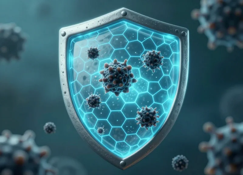Microscopic conceptual art showing a protective antimicrobial barrier neutralizing bacteria particles on a smooth surface.